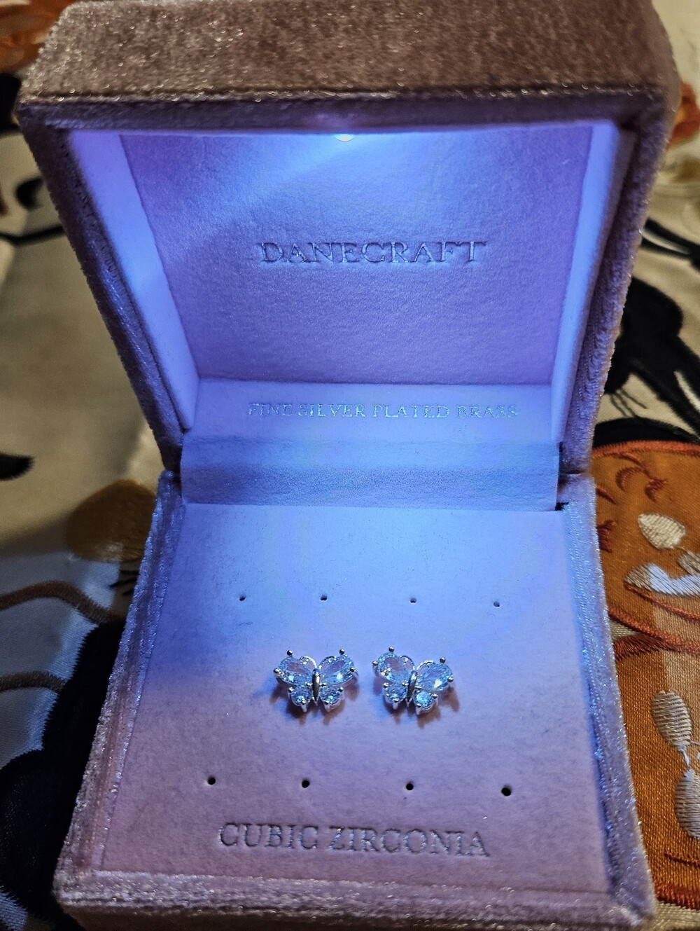Danecraft Cubic Zirconia Butterfly Stud Earrings Silver Plated Light Up Box NIB
